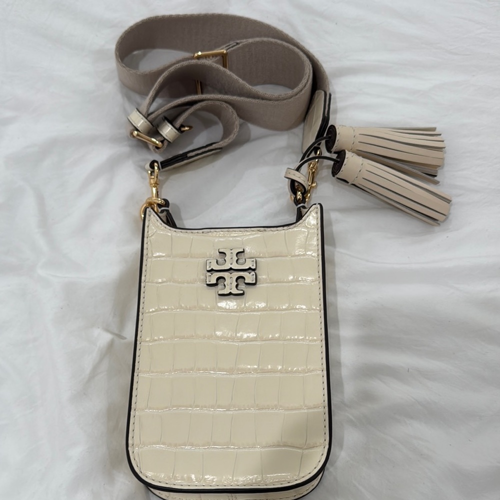 Tory Burch Ivory Croc-Embossed Crossbody Bag
